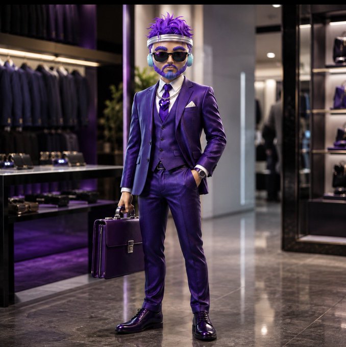 A man with vibrant purple hair, beard, and a matching purple three-piece suit stands confidently in a luxury boutique, holding a briefcase and wearing sunglasses and headphones. The bold monochromatic purple styling reflects the energetic, tech-forward vibe of a Web3-focused post wishing followers a successful day ahead.