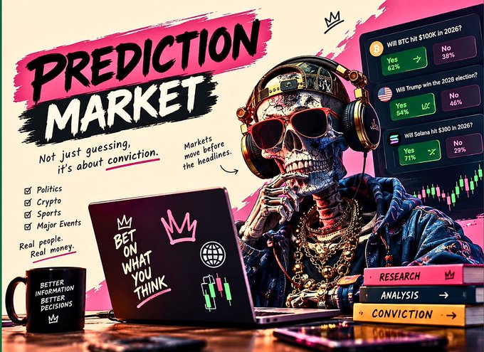A vibrant promotional graphic titled 'PREDICTION MARKET' featuring a skeleton wearing headphones and sunglasses working on a laptop, with text emphasizing 'Better information, better decisions' and categories like Politics, Crypto, and Sports.