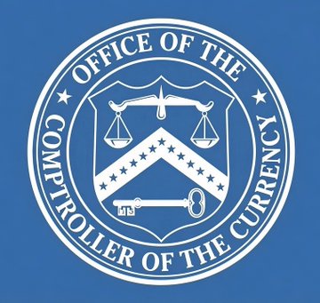 The official seal of the 'OFFICE OF THE COMPTROLLER OF THE CURRENCY' displayed on a solid blue background.