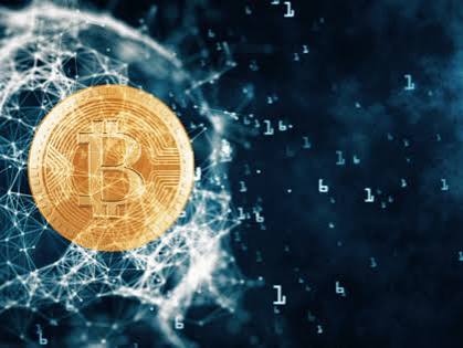 A golden Bitcoin coin floating on the left side of a dark digital space filled with glowing network lines, geometric nodes, and floating '1' digits.