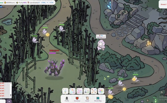 A 2D top-down video game screenshot shows a character named 'borting (Lv.3)' fighting a purple crystalline boss in a bamboo forest, with small white cats and coins scattered around the map.