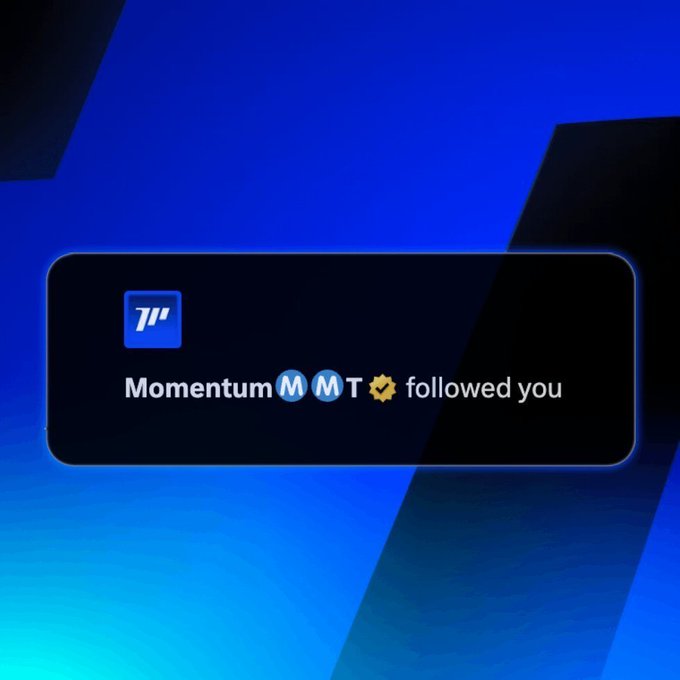 A screenshot of a social media alert that reads "Momentum MMT ✅ followed you" against a blue and black background. The image relates to the post as it serves as visual confirmation of a new follower being added to their following list.