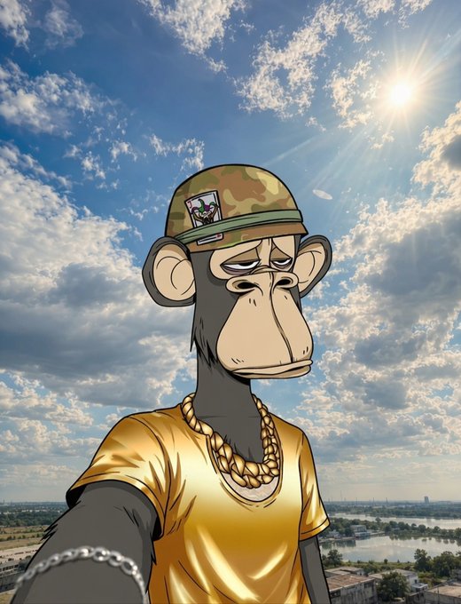 A Bored Ape-style cartoon illustration features a melancholy-looking monkey wearing a camo bucket hat, a gold chain, and a gold shirt, set against a backdrop of a cloudy sky and a distant landscape.