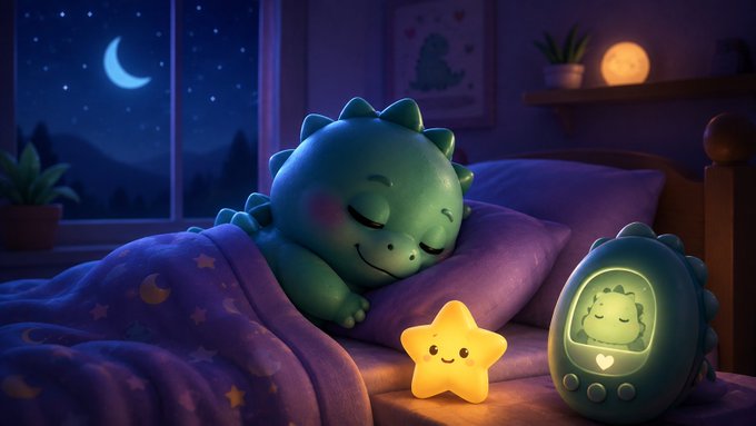 An illustration of a cute green dinosaur sleeping in a bed under a blanket, accompanied by a glowing star nightlight and a dinosaur-shaped device, with a crescent moon visible through the window.