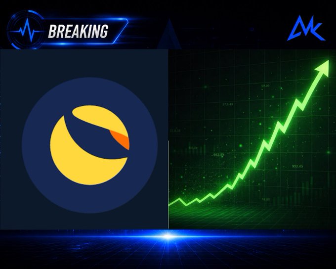 A 'BREAKING NEWS' graphic shows a yellow and blue cryptocurrency logo next to a bright green upward-trending chart line on a dark background.