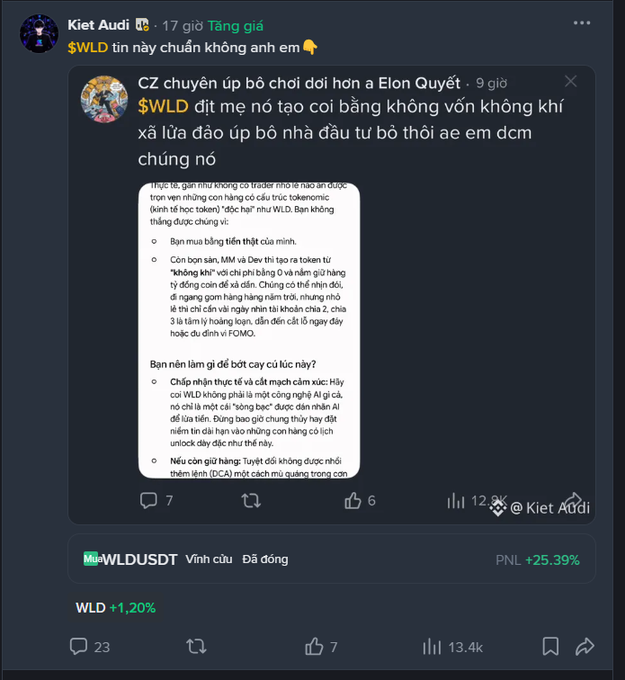 The image features a social media post on Twitter, with a screenshot of the text being posted. The post appears to be about Bitcoin trading, as it includes phrases such as "Lướt Binance Square" and "WLD". The post also discusses the value of Bitcoins and their exchange rate between $WLD and other currency. It seems that this Twitter post might have been made by a user who is knowledgeable about cryptocurrency or involved in Bitcoin trading activities.