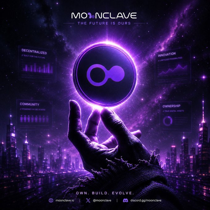 A purple-themed promotional poster for 'MOONCLAVE' with the tagline 'THE FUTURE IS OURS' and 'OWN. BUILD. EVOLVE.', showing a hand holding an infinity logo and panels for Decentralized, Innovation, Community, and Ownership.