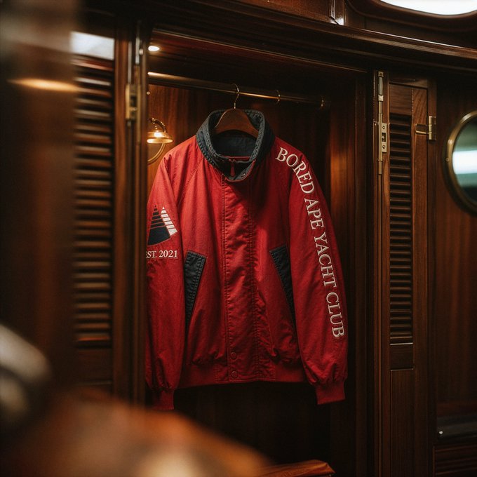 A red bomber jacket featuring "BORED APE YACHT CLUB" text down the sleeve and an "EST. 2021" patch with a sailboat emblem hangs in a wood-paneled yacht closet, previewing one of the exclusive apparel pieces from BAYC's "Manifest 001: Flying Colors" collection.