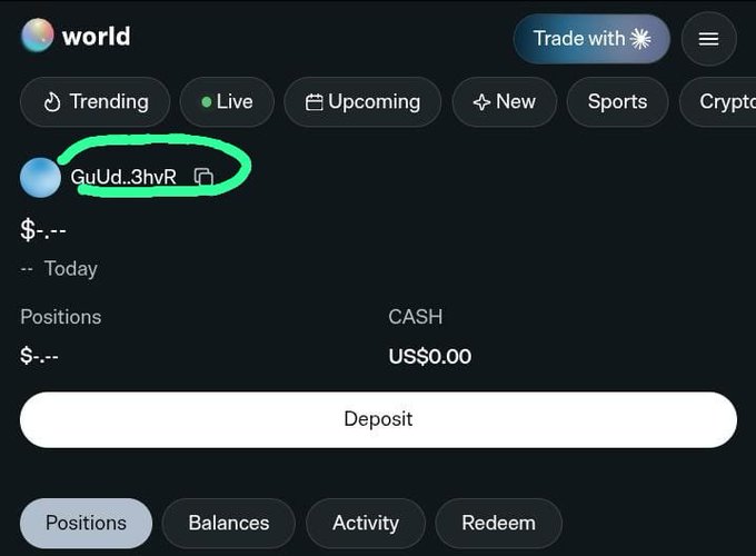 The image shows a screenshot of the World app (world_xyz) displaying an account with the username "GuUd...3hvR" that has a cash balance of US$0.00 despite the user reportedly having deposited funds. This visually corroborates the poster's complaint that their deposit—confirmed on Jupiter wallet—was not reflected in their World app balance, supporting their claim of being scammed out of $100+ on the platform.