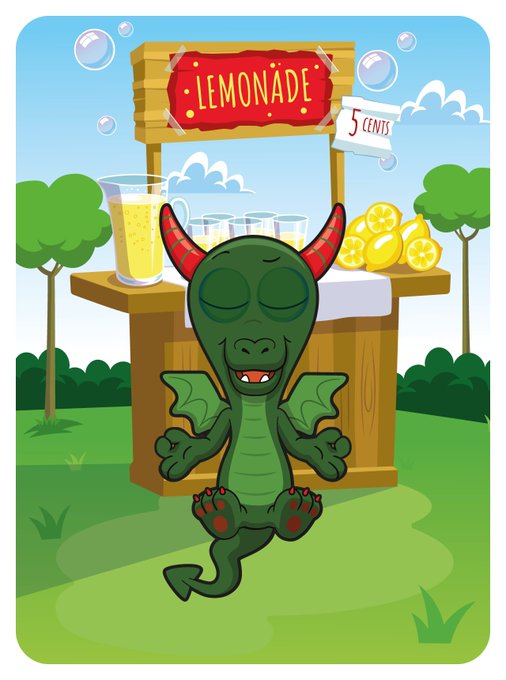 A cartoon illustration of a green dragon character meditating peacefully in front of a 'LEMONADE 5 CENTS' stand with lemons and glasses.