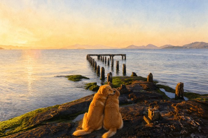 A golden retriever sits peacefully on rocky, moss-covered shoreline at sunset, gazing out across the water toward the weathered remains of an old pier. The image captures the quiet, unconditional companionship of a dog, evoking the post's reflection on how animals embody love without needing proof—while a partial web address "objkt.com/tokens/KT1U64F" appears faintly in the upper right, suggesting this artwork is associated with an NFT listing.