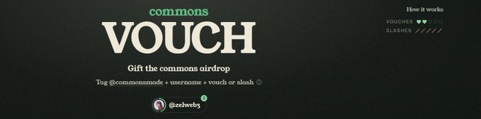 A dark promotional graphic for 'commons VOUCH' with the tagline 'Gift the commons airdrop' and instructions to tag @commonsmode with username + vouch or slash.