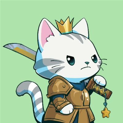 A grumpy cartoon cat wearing a small golden crown and brown armor stands against a green background, holding a sword and a star pendant. The crowned feline embodies a reluctant or grumpy "GM" greeting, fitting the post's request for a morning salutation.