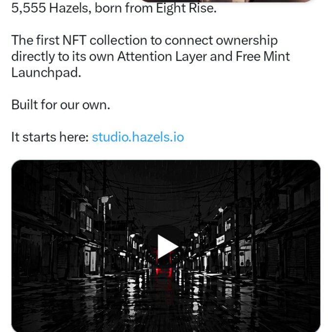 A screenshot displays text about '5,555 Hazels' being an NFT collection, with the phrase 'It starts here: studio.hazels.io' highlighted in blue, positioned above a black-and-white image of a rainy city street with a play button.