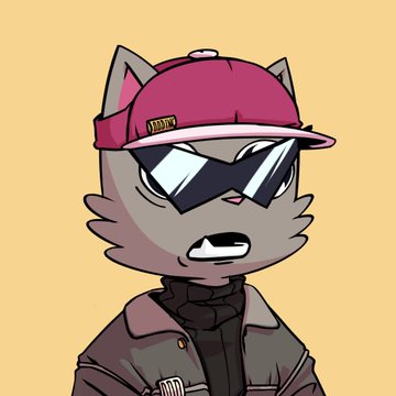 An anime-style cartoon cat wearing a pink baseball cap, dark sunglasses, and a black leather jacket against a yellow background.