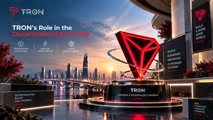 A promotional graphic for TRON, titled 'TRON's Role in the Decentralized Economy,' featuring a red TRX logo monument with a futuristic city and ocean sunset backdrop.