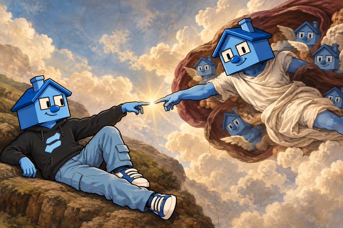 A creative parody of Michelangelo's 'Creation of Adam' painting featuring blue house-shaped characters with cartoon faces, where one reclines on a rock and the other is draped in white robes among clouds.