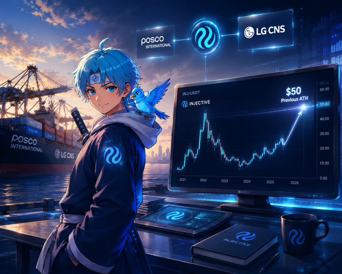 An anime-style character with blue hair and a small blue bird watches a chart of INJ/USDT on Injective, which hit a previous ATH of $50, while logos for POSCO INTERNATIONAL and LG CNS hover above, symbolizing real-world giants moving onto the chain and hinting at the tokenized future of finance.