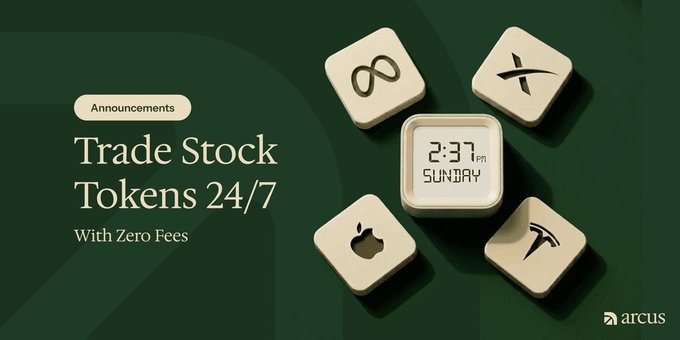 A promotional graphic for Arcus announcing 'Trade Stock Tokens 24/7 With Zero Fees,' featuring wooden blocks displaying Meta, Apple, X (Twitter), and Tesla logos around a digital clock.