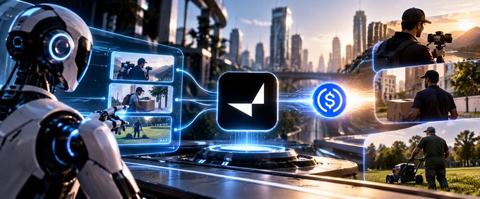 A digital illustration depicting a humanoid robot interacting with a glowing holographic interface featuring a paper airplane icon, a dollar sign, and screens showing a videographer.