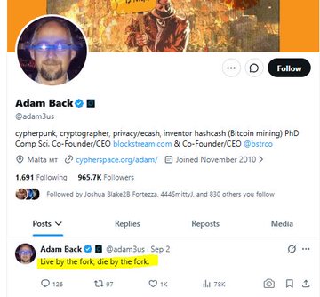 A Twitter/X profile page for Adam Back (@adam3us) with 965.7K followers, verified by Blockstream and CEO of Blockstream.com, featuring a highlighted post reading "Live by the fork, die by the fork."