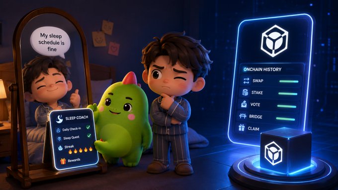 A 3D cartoon-style illustration showing a boy looking thoughtfully at a 'Sleep Coach' app featuring a green monster mascot, with his reflection in a mirror claiming 'My sleep schedule is fine' and an 'Onchain History' panel listing Swap, Stake, Vote, Bridge, and Claim activities.