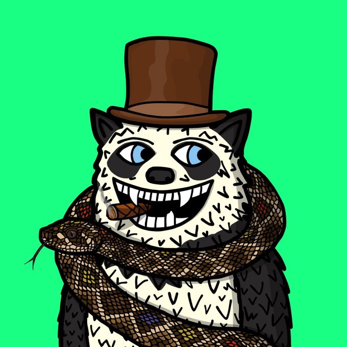 A digital illustration features a cartoon badger character wearing a brown top hat, smoking a cigar, and wrapped in a snake against a bright green background.