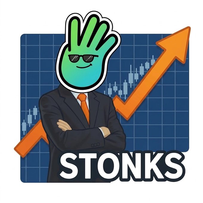 The 'Stonks' meme showing a figure in a suit with a green smiling hand wearing sunglasses for a head, standing in front of a stock chart with an upward orange arrow.