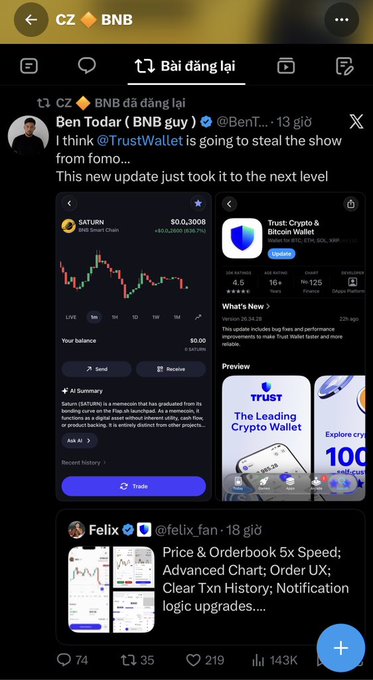 A Twitter/X screenshot from 'CZ BNB' reposting Ben Todar's tweet about TrustWallet, showing app screenshots of the Trust Crypto & Bitcoin Wallet and Trust: The Leading Crypto Wallet.