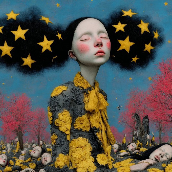 A surreal painting depicts a pale figure with closed eyes and flushed cheeks wearing an ornate yellow and black floral garment, surrounded by floating gold stars and a landscape of similar sleeping figures among red trees.