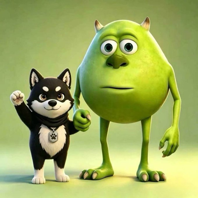 A 3D-rendered cartoon husky with a raised paw and a green ogre-like monster stand side by side against a green backdrop, with the husky wearing a collar tag. The image appears to be a playful meme-style mascot pairing meant to represent the poster's excitement (and frustration) after their "Buddy" alarm failed and they bought into the $mame presale with 10 $BNB, symbolizing a mix of loyalty and chaos in the crypto gamble.