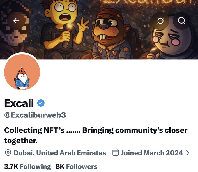 A Twitter/X profile page for 'Excali' (@Excaliburweb3), verified, with a bio reading 'Collecting NFT's ....... Bringing community's closer together,' based in Dubai, UAE, showing 3.7K Following and 8K Followers.