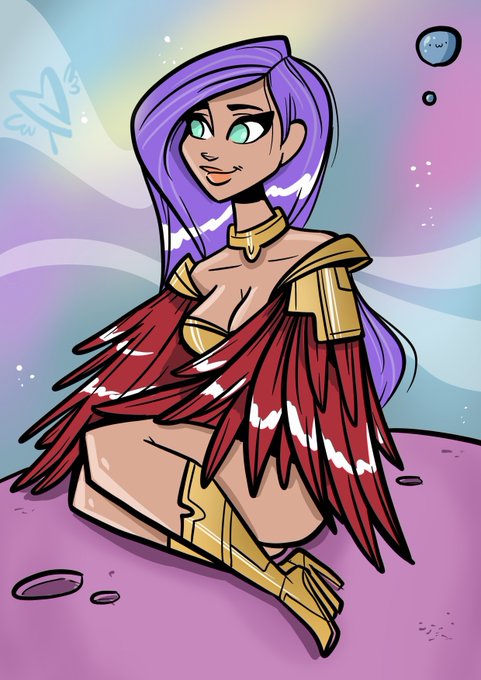 A cartoon illustration of a smiling woman with long purple hair, wearing gold armor and red feathered attire, sitting against a dreamy pastel background with a small planetoid.