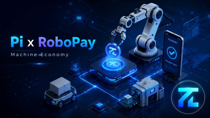 A promotional graphic with the text 'Pi x RoboPay' and 'Machine Economy' alongside a robotic arm, Pi coin logo, and a smartphone displaying a payment confirmation.