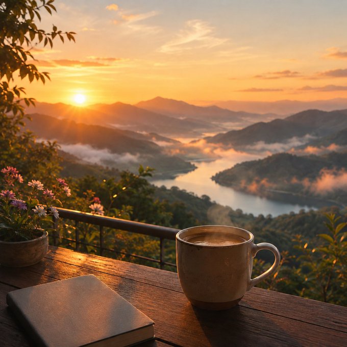 The image features a wooden table with a cup of coffee sitting on top of it. The table also has an open book next to the coffee mug. In the background, there are mountains visible through the misty atmosphere created by the steam rising from the coffee. The scene appears to be set in a serene outdoor location, possibly at sunrise or sunset, with a focus on enjoying a warm beverage and reading a book while taking in the beautiful surroundings.