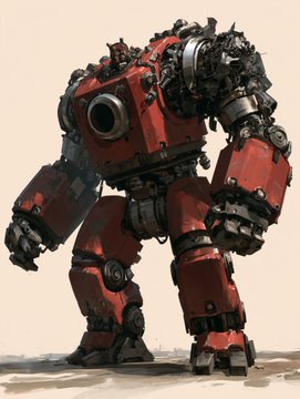 Digital artwork of a bulky, heavily armored, red and dark gray bipedal mech or robot standing in a barren landscape.