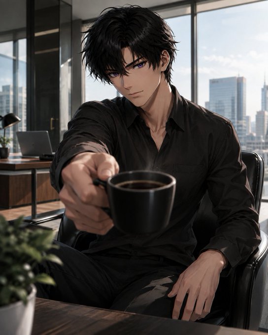 An anime-style man with dark messy hair and purple eyes, dressed in a black shirt, sits in a modern office setting holding out a black coffee mug toward the viewer.