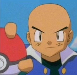 An animated scene of a bald character holding a Pokeball with a serious expression.