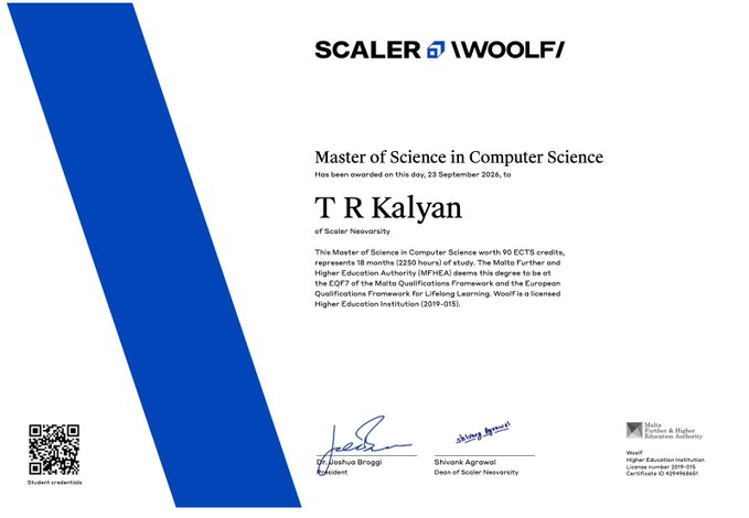A 'Master of Science in Computer Science' certificate from Scaler and Woolf awarded to 'T R Kalyan' on 23 September 2026, issued by Scaler Neovarsity and the Malta Further & Higher Education Authority.
