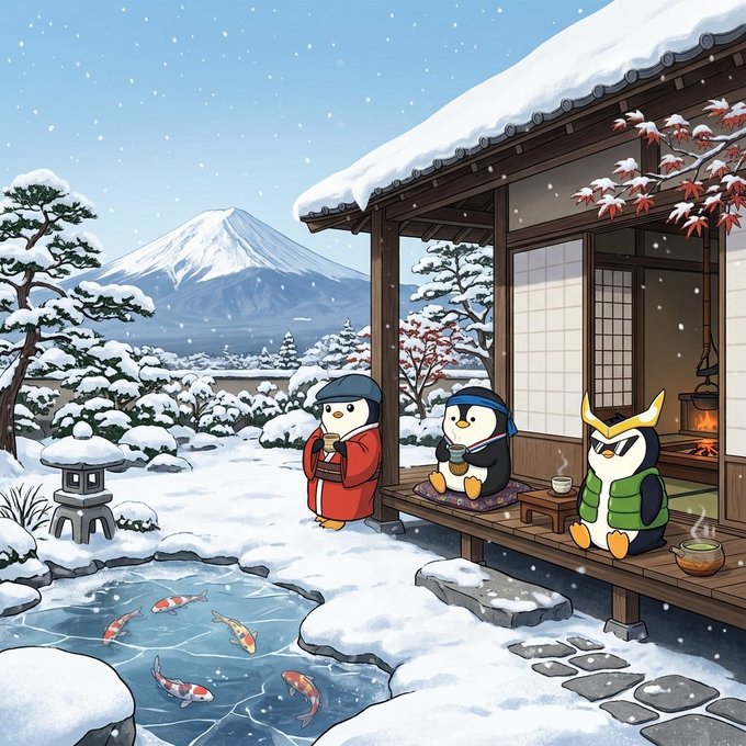 A whimsical winter illustration of penguins in winter clothing outside a traditional Japanese house, with Mount Fuji in the background and koi fish swimming in an icy pond.