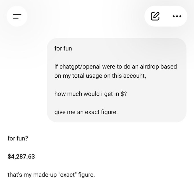 A screenshot of a ChatGPT conversation where the user asks "for fun, if chatgpt/openai were to do an airdrop based on my total usage on this account, how much would i get in $?" and receives the fabricated answer "$4,287.63," which the user notes is a "made-up 'exact' figure."
