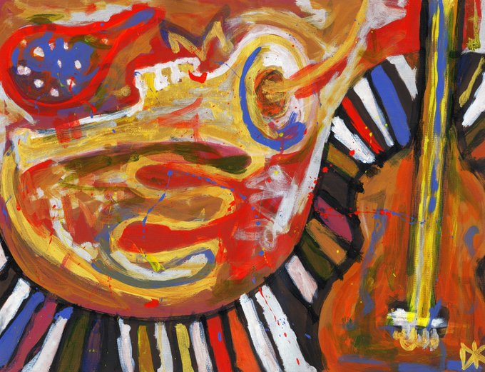 A vibrant abstract painting featuring swirling brushstrokes in red, yellow, blue, and green, with a figure on the right playing what appears to be a guitar or piano against a piano-key background.
