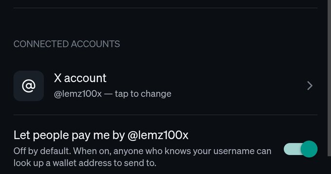 A screenshot showing an X account connection settings page with the username '@lemz100x' and an enabled toggle for payment functionality.