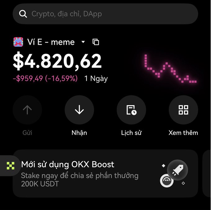 The image shows a screenshot of an app called "OVX Boost" with a graphic representation of a rocket launch symbol on a screen filled with numbers. The text of the post is in Vietnamese, and the first line reads "Còn nhiêu đây múc $TRUMP được ko ae Liệu #meme". The rest of the post focuses on the details of the OVX Boost app and its features.