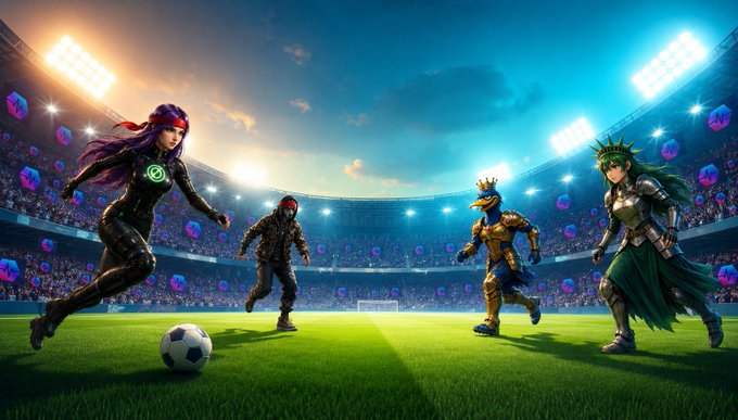In the image, a group of people are playing soccer on a field with a large stadium in the background. The players are wearing armor and holding soccer balls as they engage in the game. A caption below the image reads "The PulseChain team is strong. Believe in this team, we will win the game. ZERØ TRUST PCOCK ZenDawg". This suggests that the image is promoting a sports event or team, possibly a soccer match, and emphasizes the importance of teamwork and unity to achieve success.