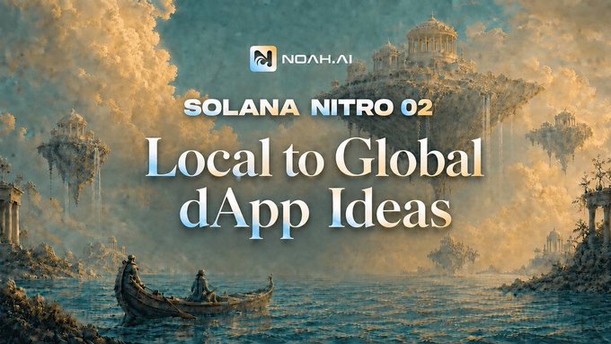 A fantasy-style digital artwork featuring floating islands and a boat on water serves as a backdrop for promotional text reading 'NOAH.AI', 'SOLANA NITRO 02', and 'Local to Global dApp Ideas'.