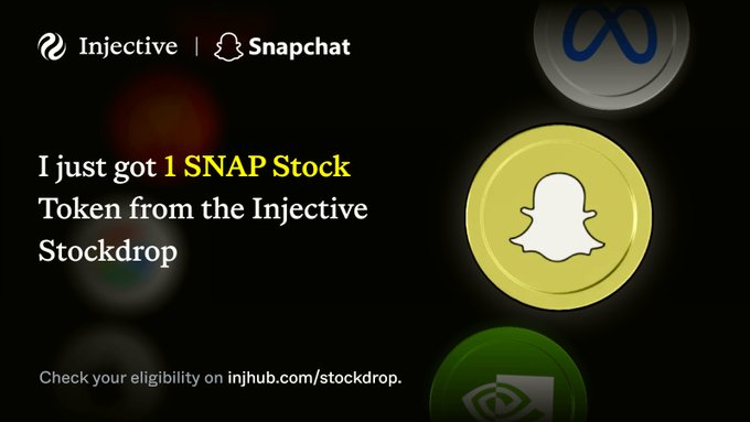 A promotional graphic announcing "1 SNAP Stock Token from the Injective Stockdrop," featuring logos for Injective and Snapchat, with text directing viewers to check eligibility at injhub.com/stockdrop.