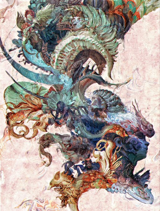 A detailed, surreal artwork showing the side profile of a human face merging with a chaotic mass of colorful, mythical creatures, tentacles, and fluid forms in earthy tones.