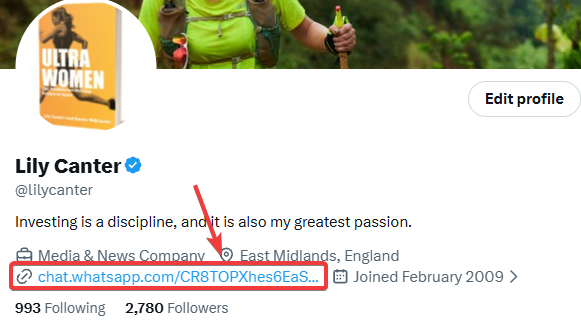 Twitter profile for "Lily Canter" (@lilycanter) showing her bio "Investing is a discipline, and it is also my greatest passion," with a red arrow pointing to a WhatsApp link in her profile.