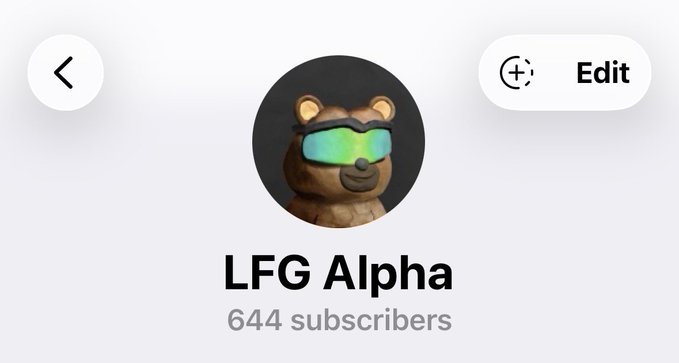 A profile screen for "LFG Alpha" displays 644 subscribers beneath a cartoon bear avatar wearing reflective green sunglasses. The image pairs with a promotional post highlighting daily whitelist spots, alpha calls, NFT giveaways, and upcoming Robinhood plays.